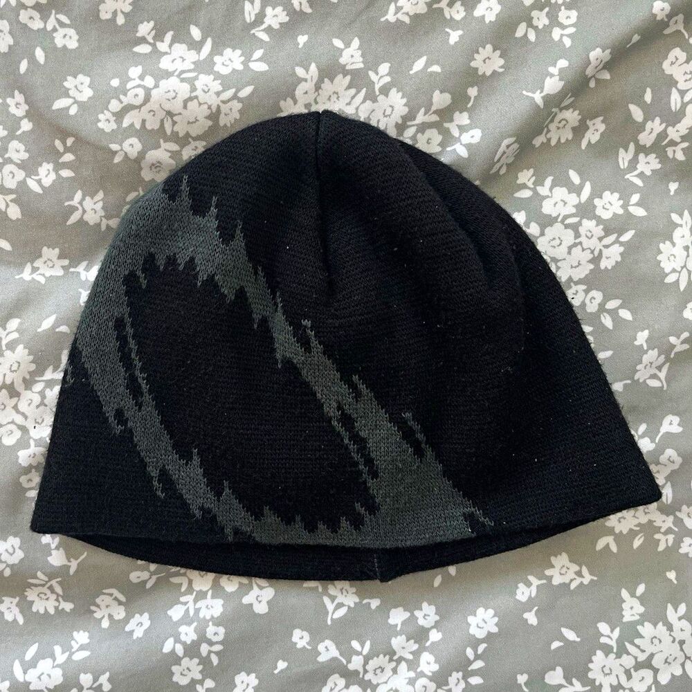 Vintage Oakley Static Graphic Beanie Made In USA Y2K Black Gray O Ellipse Hat